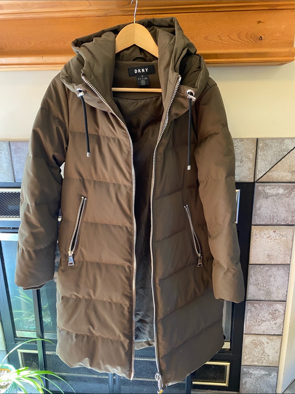 DKNY Olive Green Quilted Hooded Puffer Coat